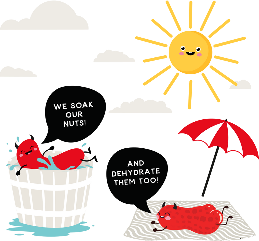 Illustrated Cynful Snax nut characters soaking and dehydrating